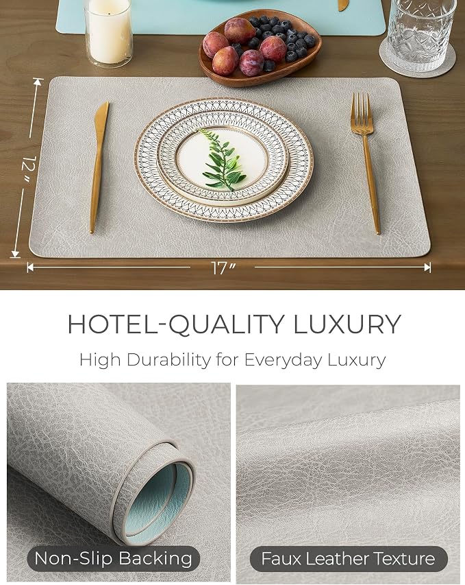 Leetaltree Reversible Faux Leather Placemats and Coasters Set of 16, 12x17 Inch