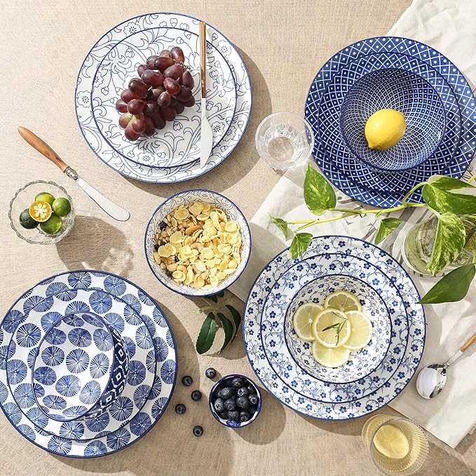 Selamica Ceramic Dinnerware Sets, Vintage Blue | Scratch Resistant Dishes set