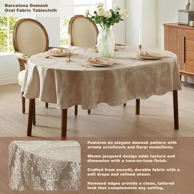 Newbridge Barcelona Luxury Damask Fabric Tablecloth, 60” Wide x 120” Oval
