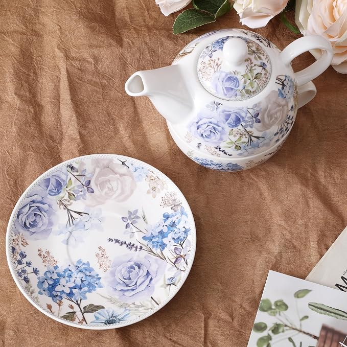 fanquare Blue and Purple Roses and Hydrangeas Porcelain Tea