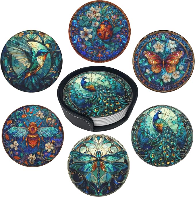 Insect Coasters Leather Round Drink Coasters 6 Pcs Set