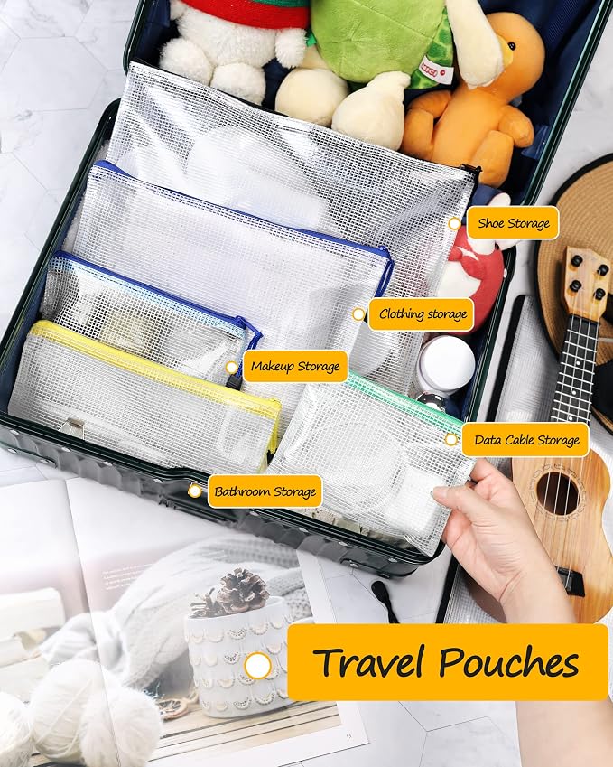 SUNEE Plastic Mesh Zipper Pouch 10x14 in, Extra Large Water-Resistant Zip Bag