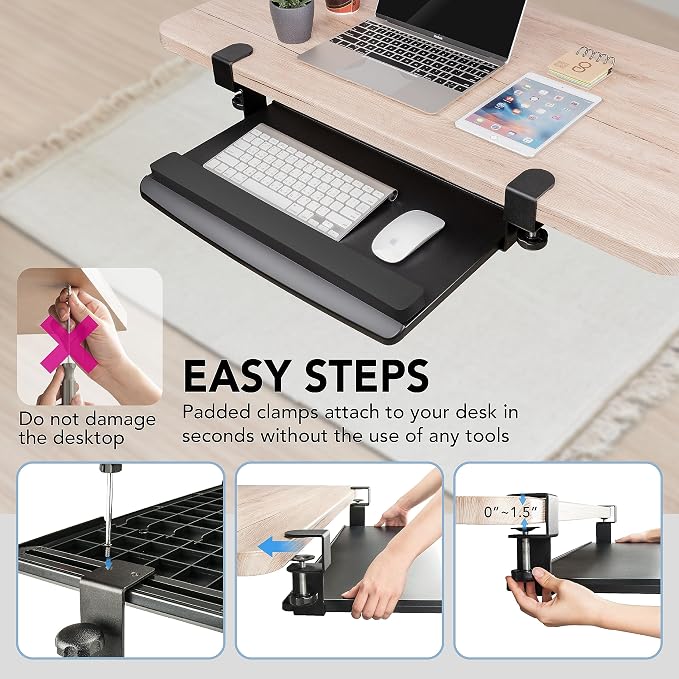 EHO Clamp-On Retractable Adjustable Keyboard Tray, Under Desk Ergonomic