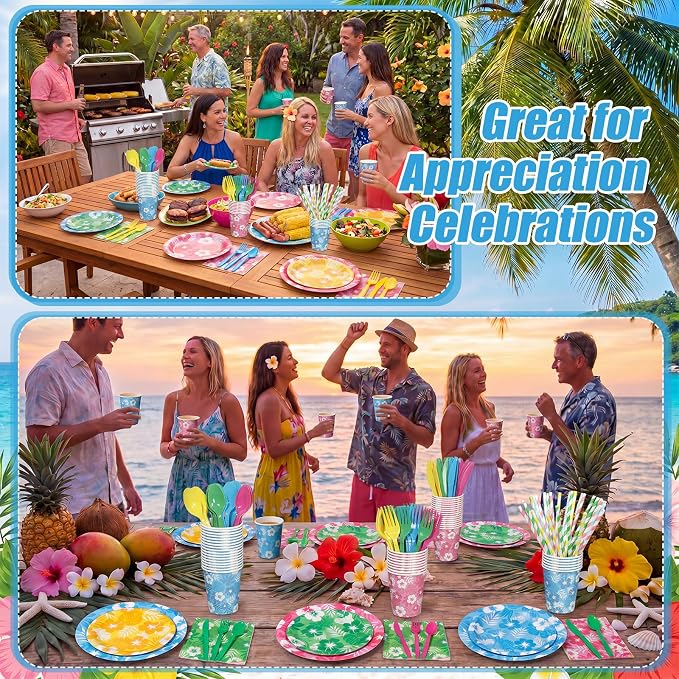 450 Pcs Hawaiian Luau Tableware Set Decorations, Serves 50 | Aloha Tropical