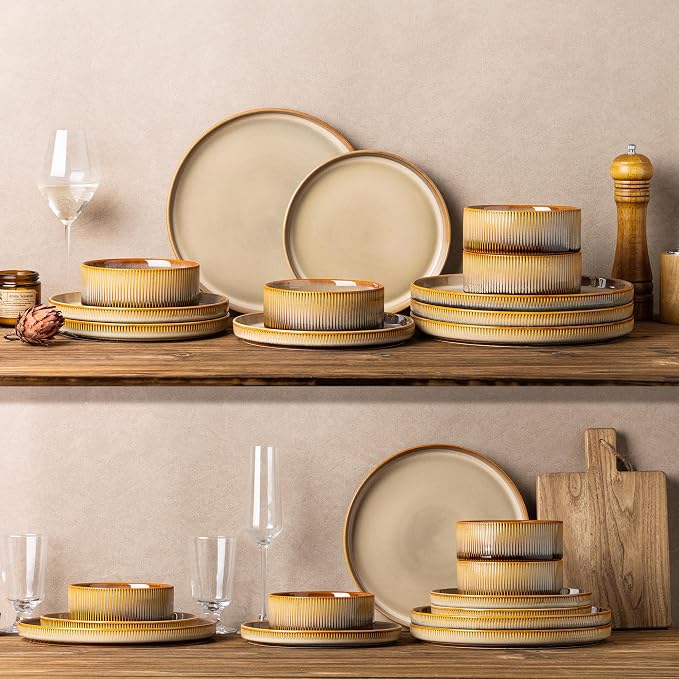 Ceramic Dinnerware Set for 8, 24-Piece Plates and Bowls Set | Lightweight