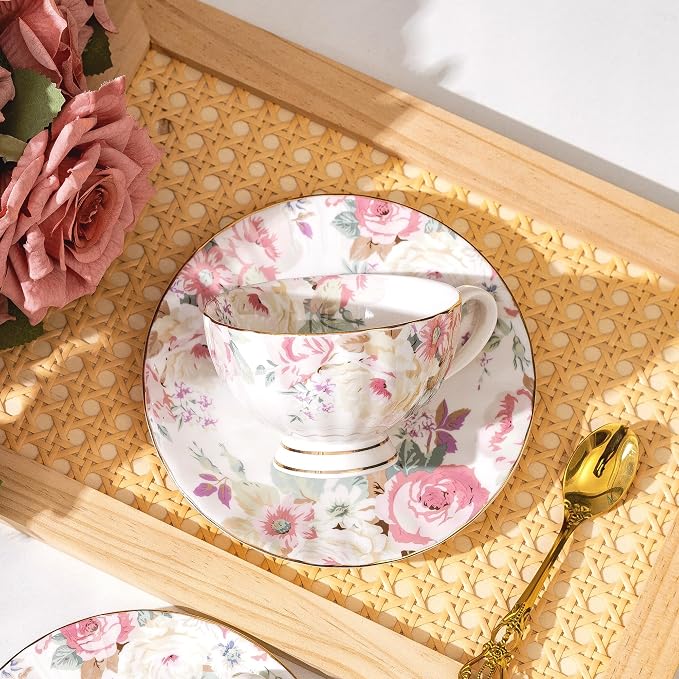 fanquare Pink Floral Tea Cup and Saucer Set
