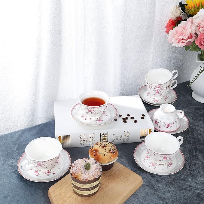fanquare Pink Rose Tea Cup and Saucer Set