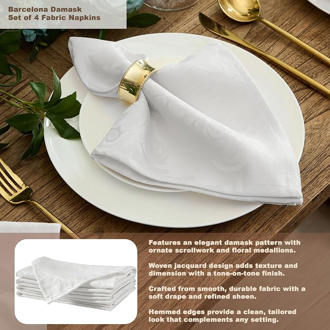 Newbridge Barcelona Luxury Damask Fabric Napkins, 100% Polyester, No Iron