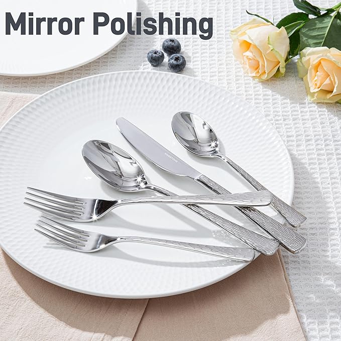 Silverware Set for 12, 60 Piece Flatware Set, 18/10 Stainless Steel | Hammered
