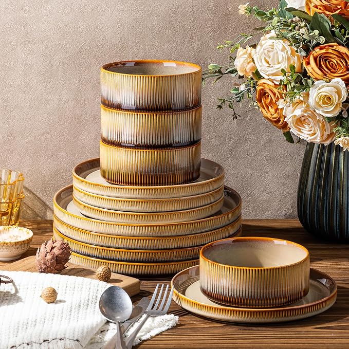 Ceramic Dinnerware Set for 8, 24-Piece Plates and Bowls Set | Lightweight