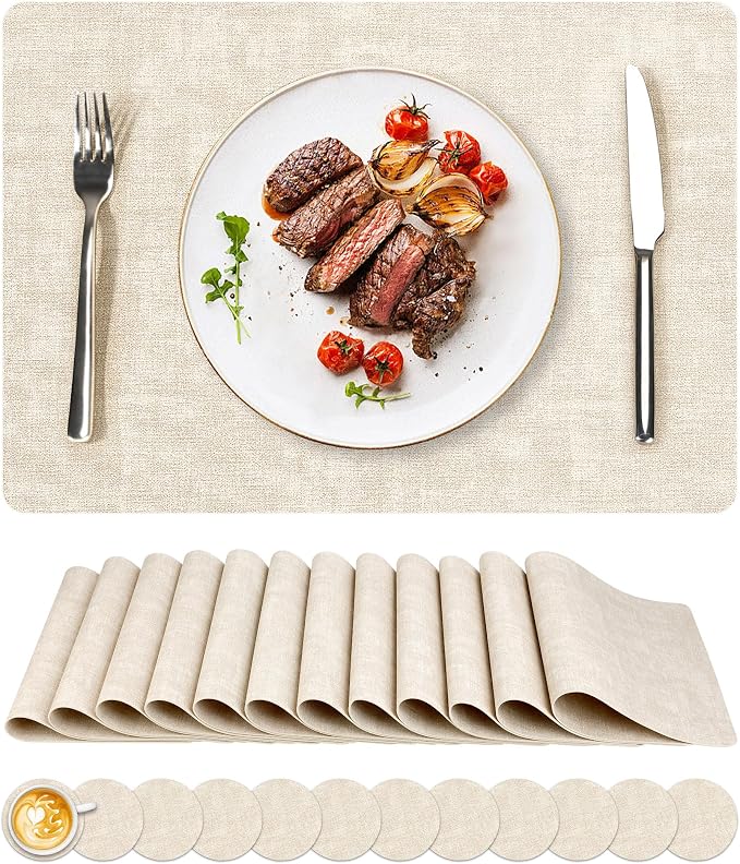 NCUE Vinyl Placemats Set of 12, Heat Resistant, Nonslip Faux Leather Waterproof