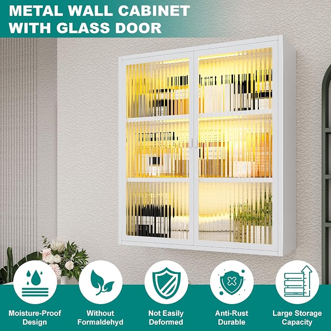 Bathroom Medicine Cabinet with Glass Doors & Sensor LED Lights