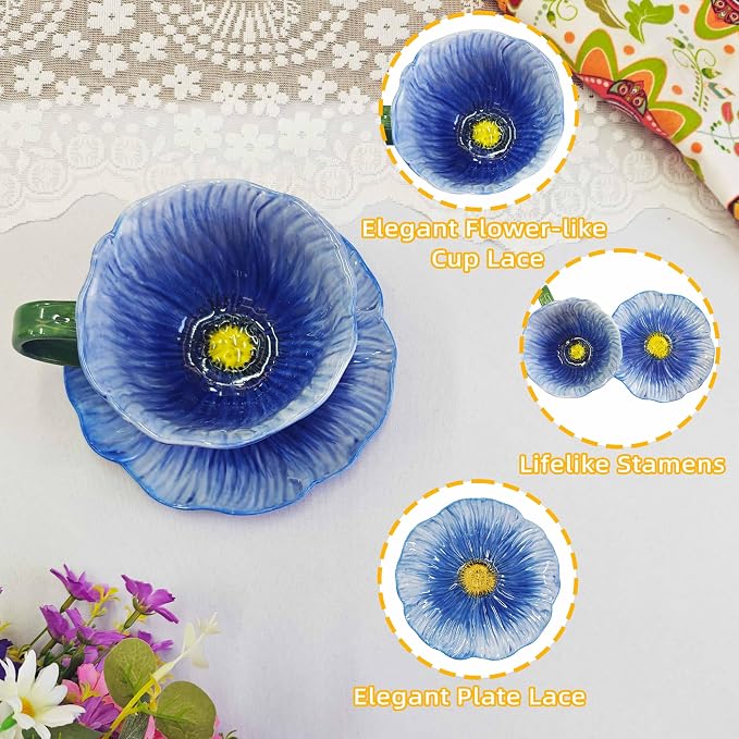 10 oz Tea Cups and Saucers, Ceramic Flower-shaped Cappuccino Cup, Latte Cup and