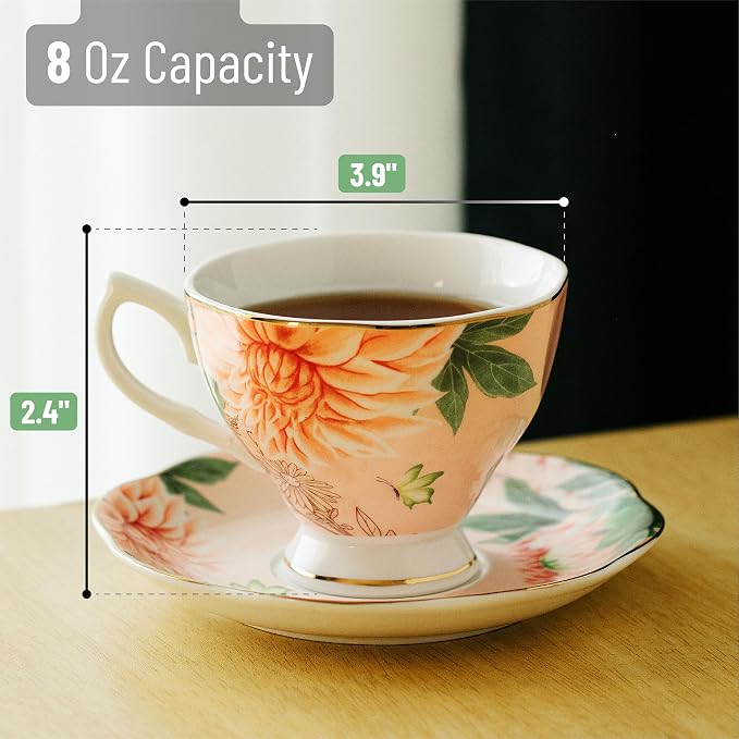 BTaT- Floral Tea Cups and Saucers, 6 Pack, 8 oz | Fine Porcelain Teacup Set
