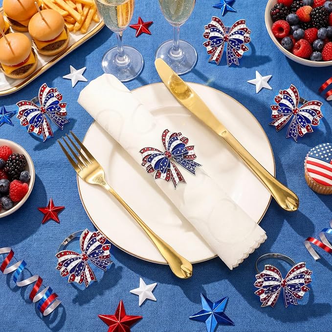 Geiserailie 6 Pieces Patriotic Napkin Rings 4th of July Bow Napkin Ring Holder
