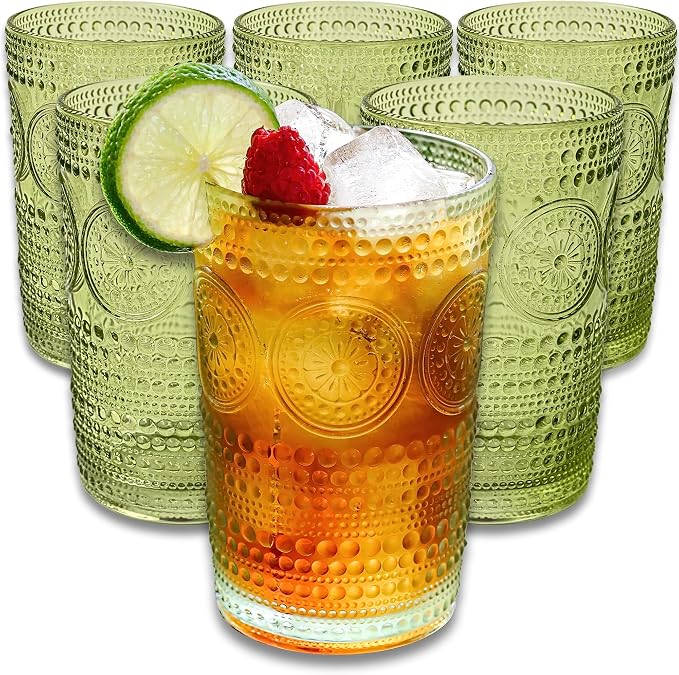 Hobnail Beaded Floral Green Drinking Glasses Set of 6, Vintage Glassware Set by