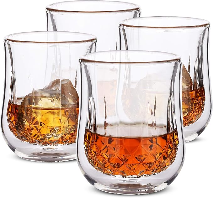 BTaT- Double Walled Drinking Glass, 4 Pack, 8 oz, Stylish Insulated Rocks Glass