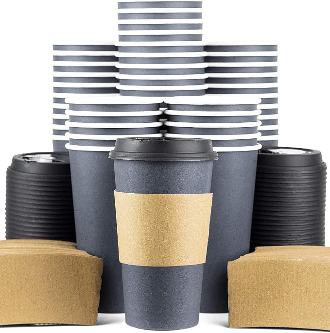 Disposable Coffee Cups With Lids - 16 oz To Go Coffee Cups With Sleeves and