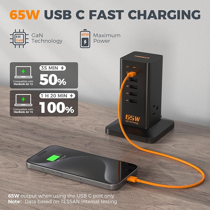 USB Charging Station for Multiple Devices 10Ft Cord, TESSAN 9-in-1 USB C
