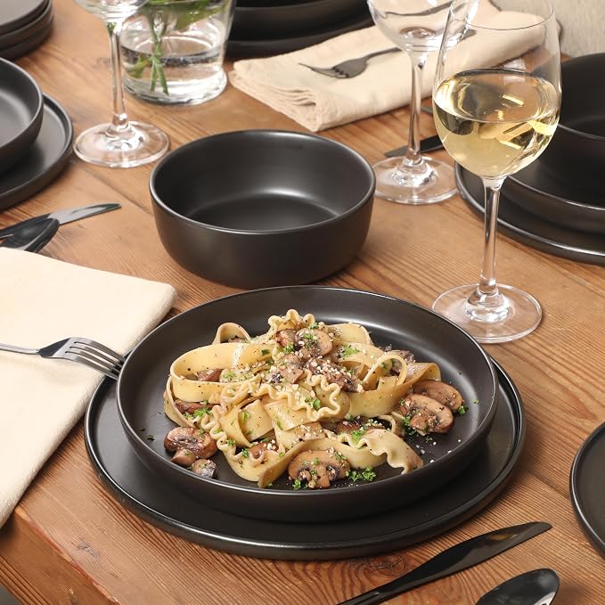 Gibson Elite Bayou Moon Plates and Bowls Sets, 16-Piece Black Matte Stoneware