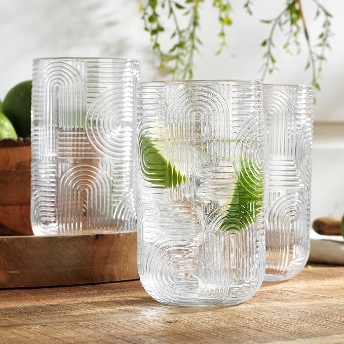 Highball Glasses Set of 8, 14 oz Embossed Drinking Glasses, Vintage Art Deco