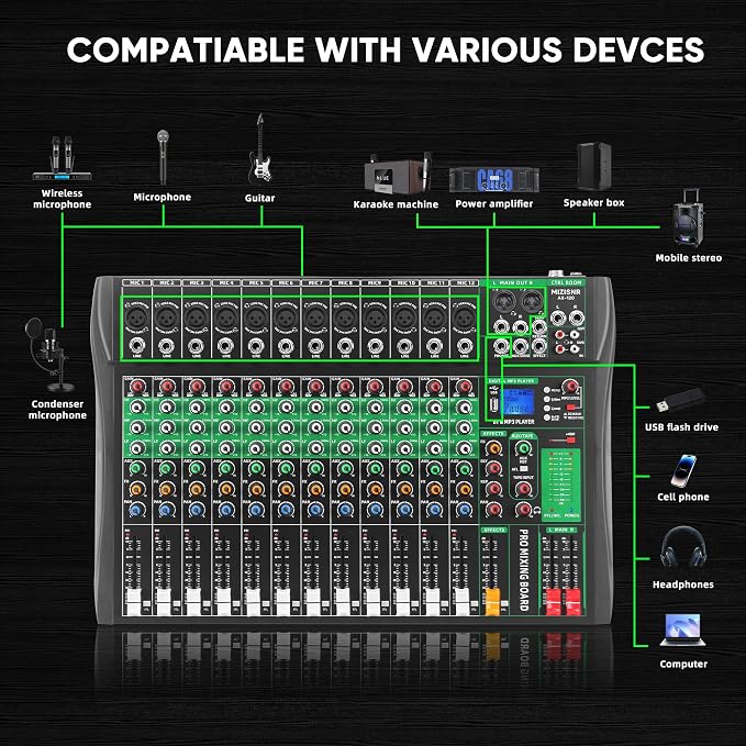 12 Channel Audio Mixer, Professional DJ Mixer Board Sound Music Mixing Console