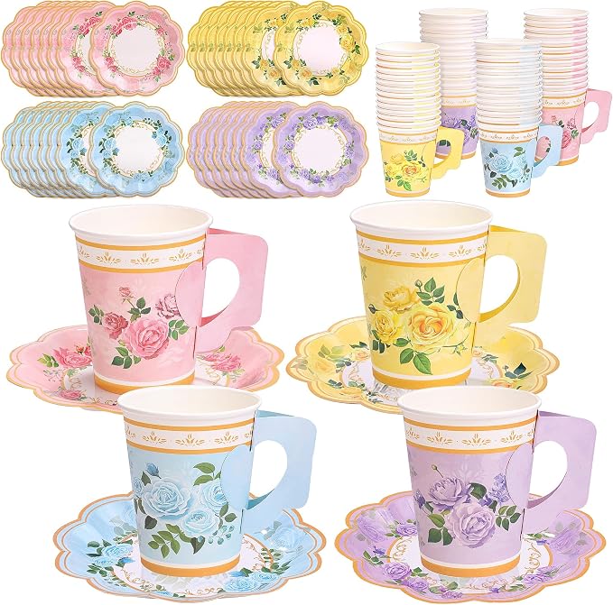 Kochorie 120 Pcs Floral Paper Tea Cups and Saucers 9 Oz Disposable Teacups Bulk
